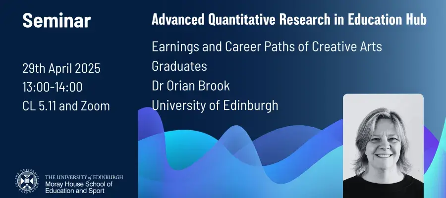 A background of dark blue, with the presentation title, speaker and venue for the event. The other side has an image of Old Moray House building - with people walking past outside.