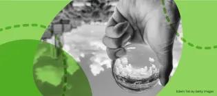 Hand holding a glass ball reflecting the sky